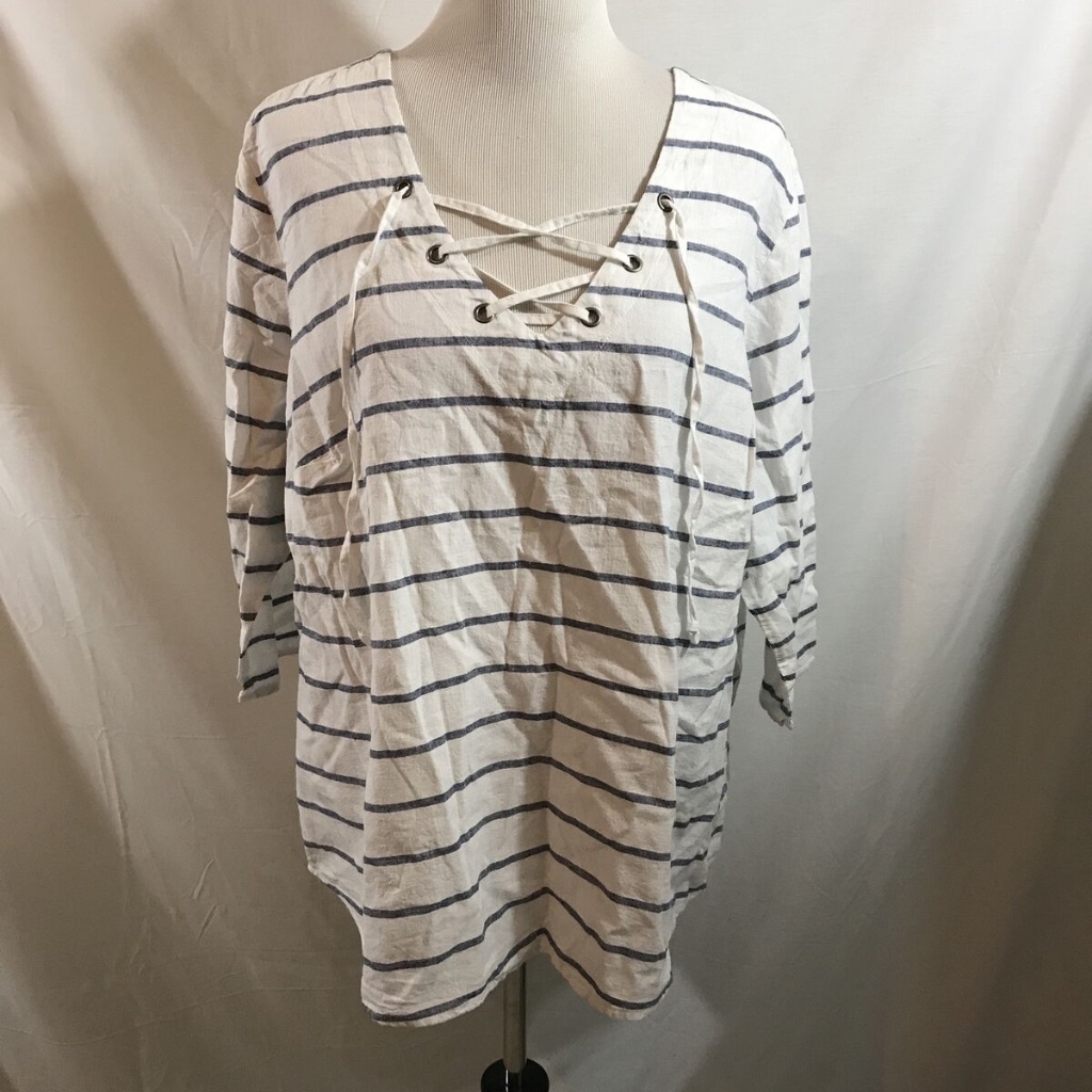 Dressbarn Sunday White 3/4 Sleeve, Navy Stripes, T